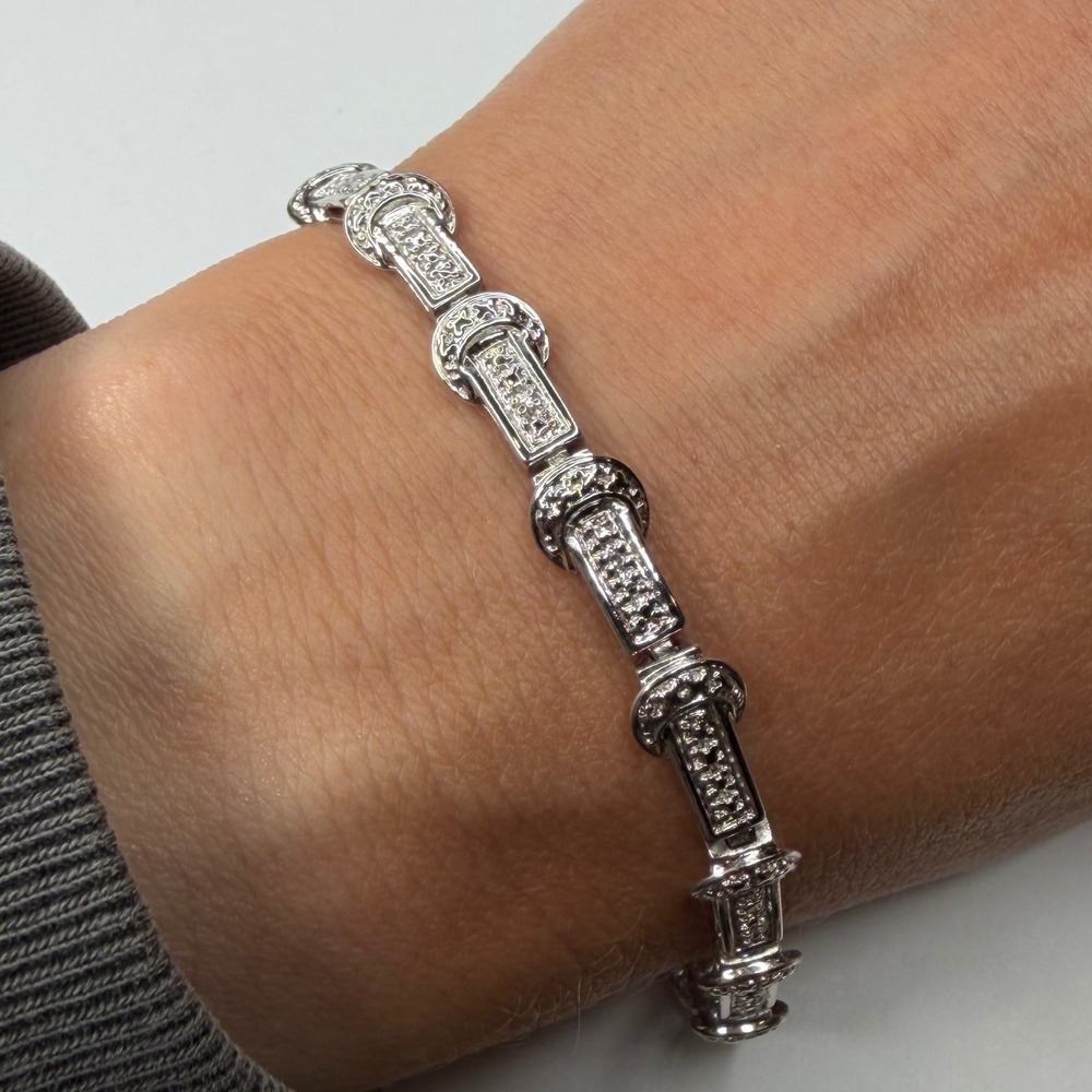 Ross Simons Vintage Tennis Link Bracelet Silver Buckle Pave CZ Women's
